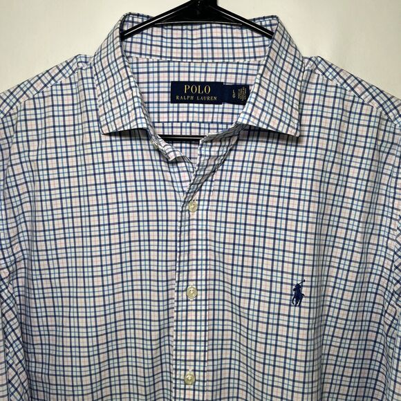 Polo Ralph Lauren Button Up Shirt Mens Size Large Blue Pink Plaid Lightweight LS - Picture 2 of 10